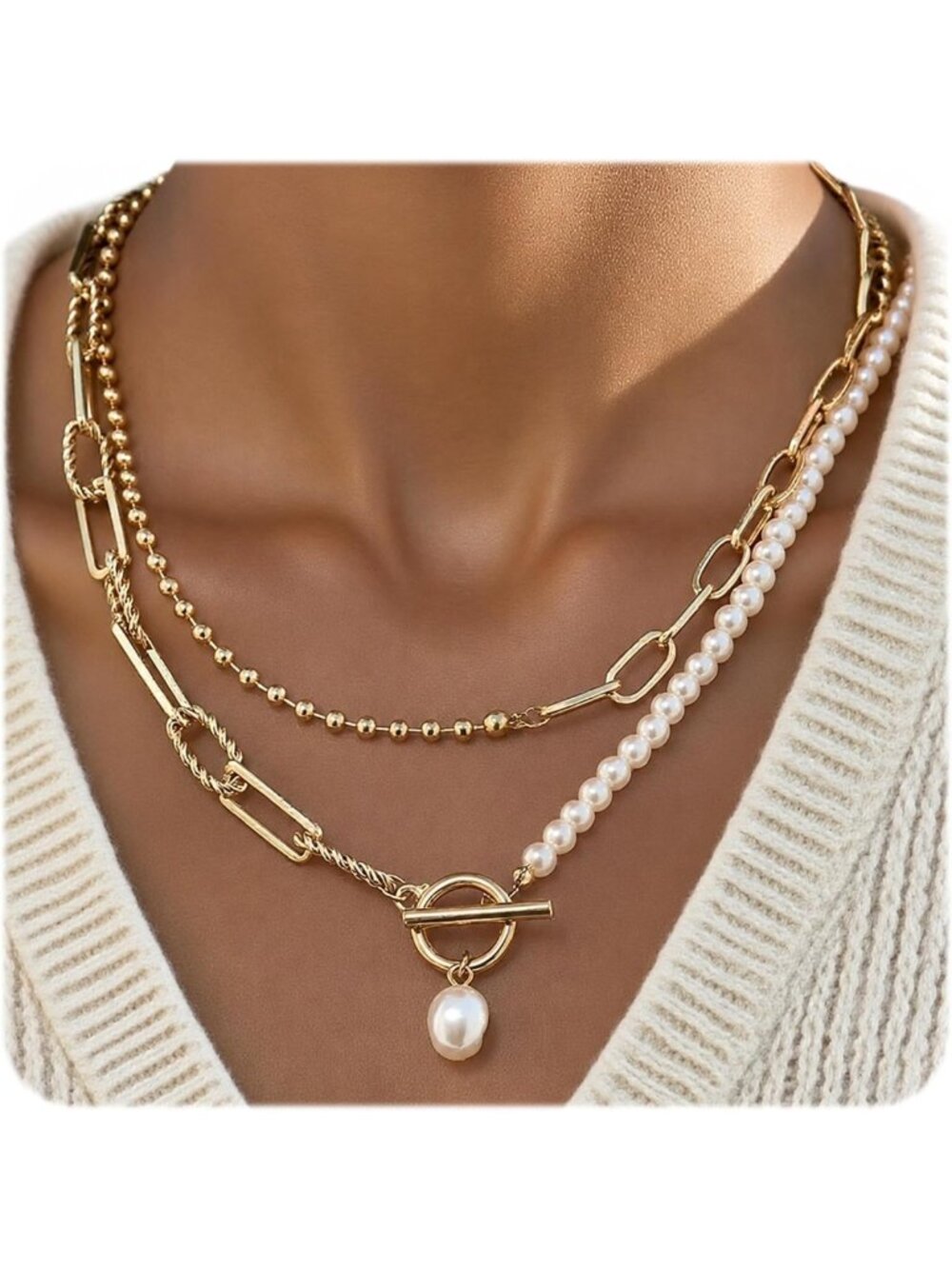 Gold Layered Pearl Chain Necklace - Dainty Toggle Clasp, Stackable Choker